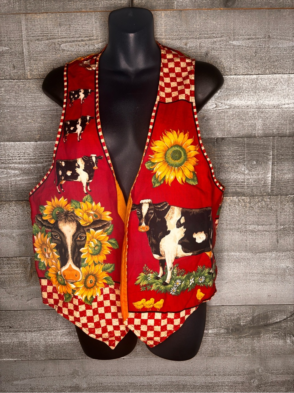 Handmade Red Farmhouse Cow & Sunflower summer picnic Vest cottage core country